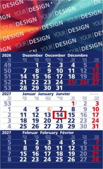 Einblatt-3-Monatskalender als Werbekalender zum Bedrucken. Deutsch (D/GB/F). Dicke, klassische Schrift. Inkl. 4C-Druck. Dunkelblau