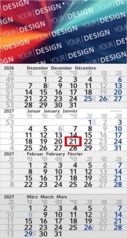 Einblatt-4-Monatskalender als Werbekalender zum Bedrucken. Deutsch (D/GB/F). Dünne, moderne Schrift. Inkl. 4C-Druck. Blau