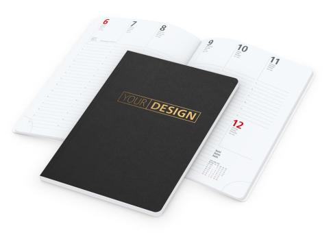 Wochenkalender (Buchkalender): Eleganter Wochentimer im A5-Format mit schwarzem Naturkarton-Einband, praktisch und flexibel – inklusive Prägung Black | Gold