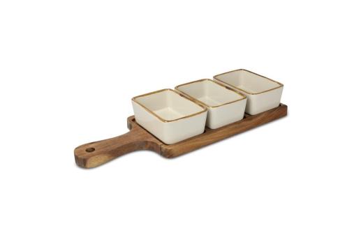 InSideOut Servierbrett aus Holz mit 3 Keramikschalen Ecru