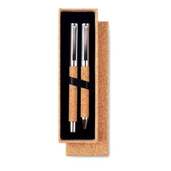 QUERCUS Metal Ball pen set in cork box Timber