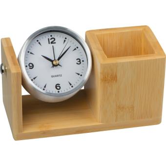 Stifteköcher aus Bambus mit analoger Uhr Beige