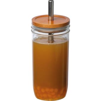 Glass mug with bamboo lid and straw Transparent