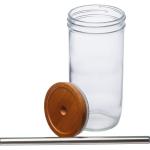 Glass mug with bamboo lid and straw Transparent