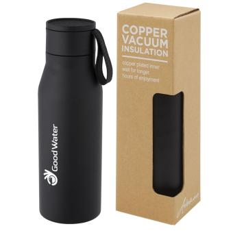 Ljungan 500 ml copper vacuum insulated stainless steel bottle with PU leather strap and lid Black