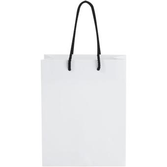 Handgefertigte 170 g/m² Integra-Papiertüte mit Kunststoff Kordelgriffen – 18 × 9 × 23 cm Weiß/schwarz
