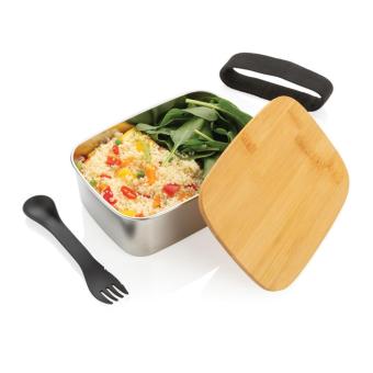 XD Collection Stainless steel lunchbox with bamboo lid and spork Silver