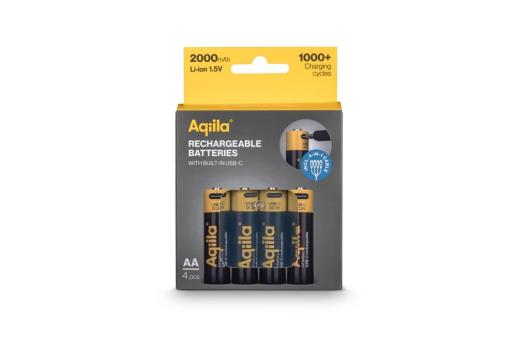 Aqiila Rechargeable USB-C Batteries AA 2000mAh 4-pack Black