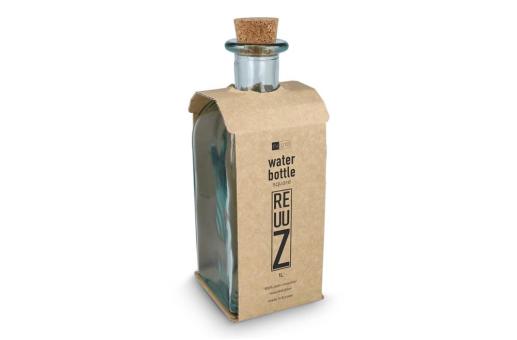 InSideOut Square Recycelte Glaswasserflasche ReuuZ mit Korkverschluss 1 l Transparent