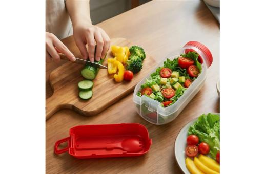 All-in-One Lunch Bowl Container with Sauce Compartment & Spoon-fork Red
