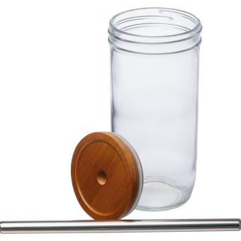 Glass mug with bamboo lid and straw Transparent