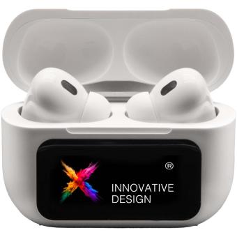 SCX.design E26 ANC earbuds with interactive touchscreen charging case White