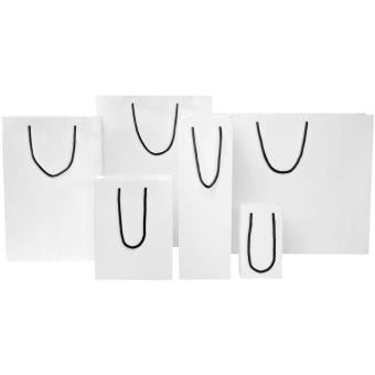 Handgefertigte 170 g/m² Weinflaschentüte aus Integra-Papier mit Kunststoff Kordelgriffen – 12 × 9 × 37 cm Weiß/schwarz