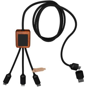 SCX.design C38 40W 5-in-1 Ladekabel aus rPET in quadratischem Bambusgehäuse mit Leuchtlogo Blau