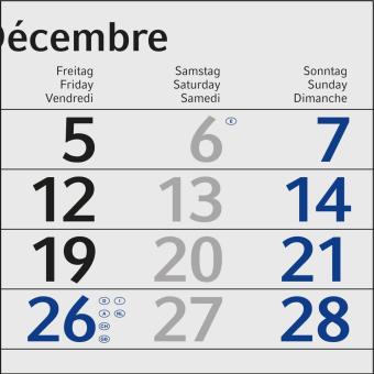 Einblatt-4-Monatskalender als Werbekalender zum Bedrucken. Deutsch (D/GB/F). Dünne, moderne Schrift. Inkl. 4C-Druck. Blau