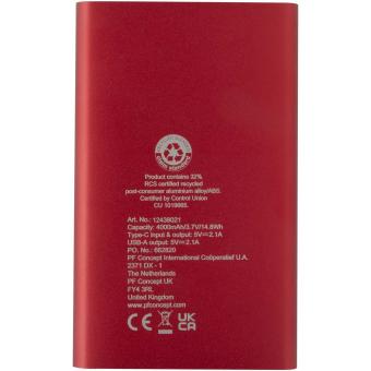 Pep 4000 mAh Type-C recycled aluminium power bank Red