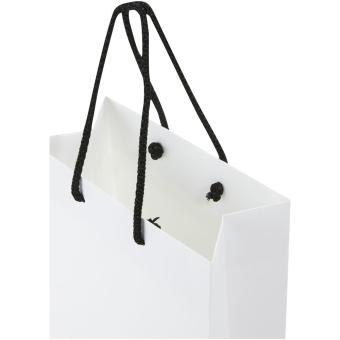 Handgefertigte 170 g/m² Integra-Papiertüte mit Kunststoffgriffen – mittel Weiß/schwarz