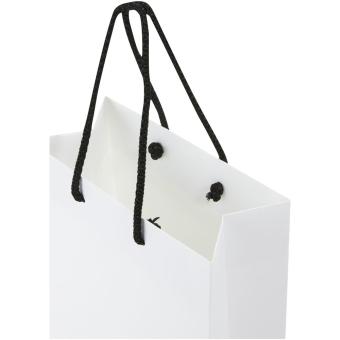 Handgefertigte 170 g/m² Integra-Papiertüte mit Kunststoff Kordelgriffen – 18 × 9 × 23 cm Weiß/schwarz