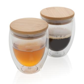 XD Collection Double wall borosilicate glass with bamboo lid 250ml 2pc set Transparent