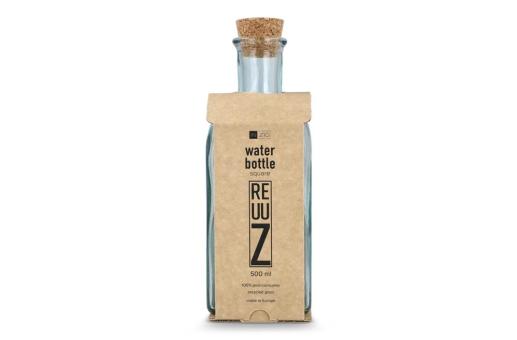 InSideOut Square Recycled Glass Water Bottle ReuuZ with Cork Stopper 500ml Transparent