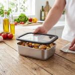 Stainless steel lunch box with glass lid "RILO", 1100 ml Silver