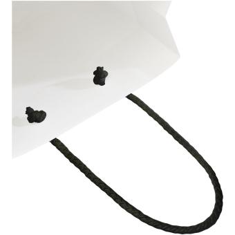 Handgefertigte 170 g/m² Integra-Papiertüte mit Kunststoff Kordelgriffen – 18 × 9 × 23 cm Weiß/schwarz