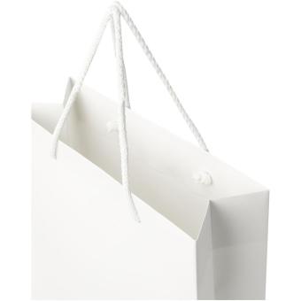 Handgefertigte 170 g/m² Integra-Papiertüte mit Kunststoffgriffen – groß Weiß