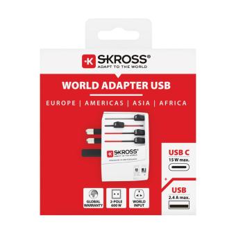 SKROSS World Travel Adapter MUV 2-pole with USB A and C White