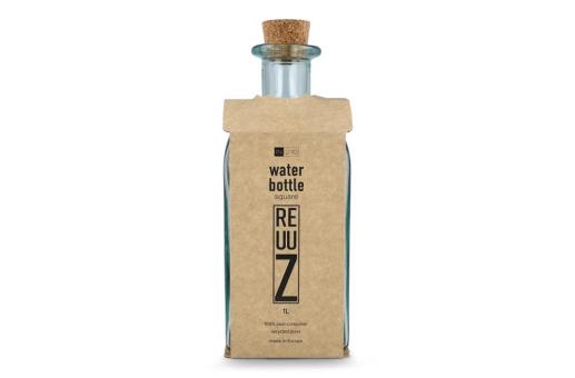 InSideOut Square Recycelte Glaswasserflasche ReuuZ mit Korkverschluss 1 l Transparent